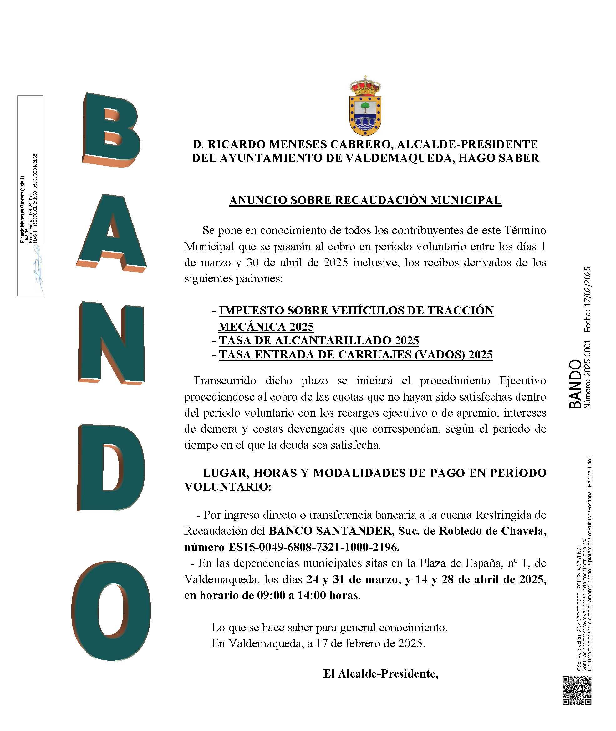 [BANDO RECAUDACIÓN IVTM Y TASAS ALCANTARILLADO Y VADO 2025]